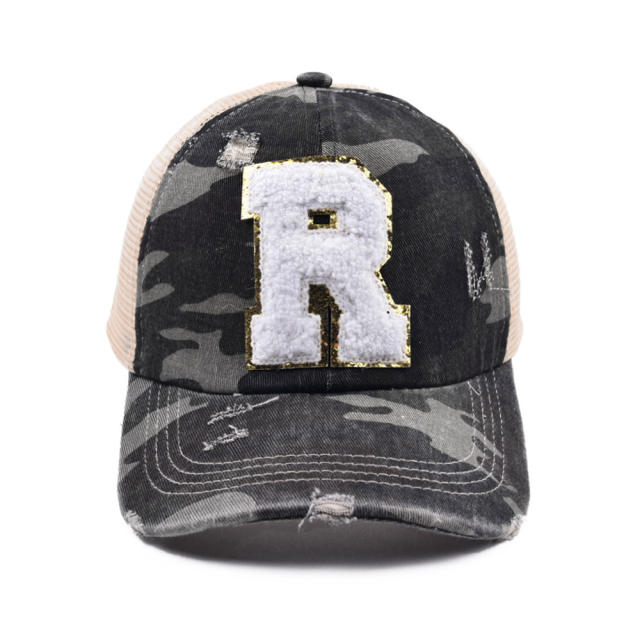 Camo initial letter ponytail baseball cap