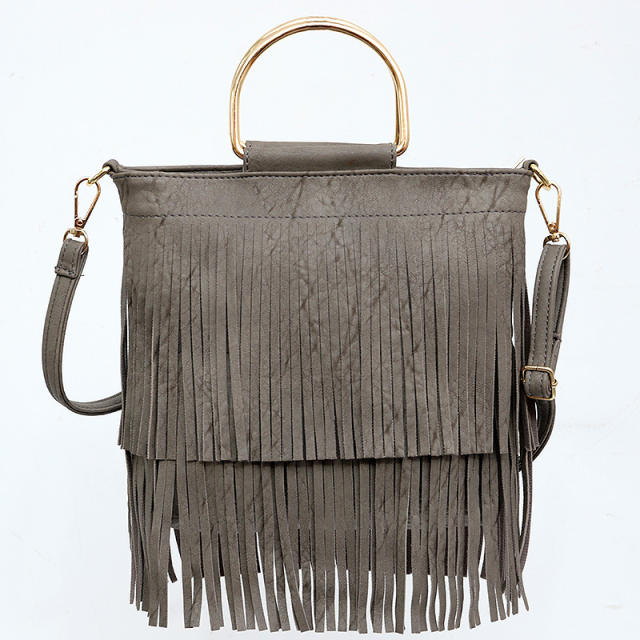 Metal handle solid color tassel handbag