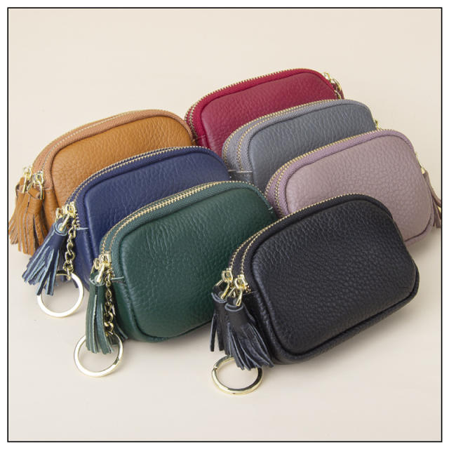 Tassel cowhide short style small purse