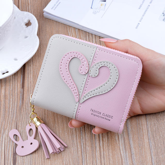 Short style stitching color love heart tassel purse