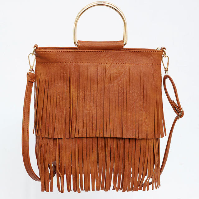 Metal handle solid color tassel handbag