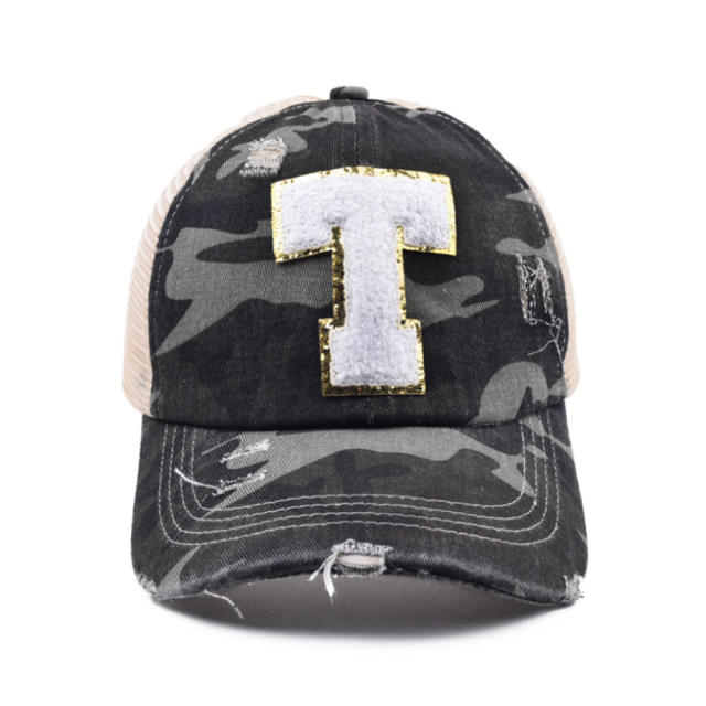 Camo initial letter ponytail baseball cap