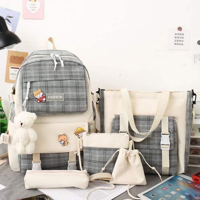 Korean fashion classic plaid pattern 5pcs school bag set backpack