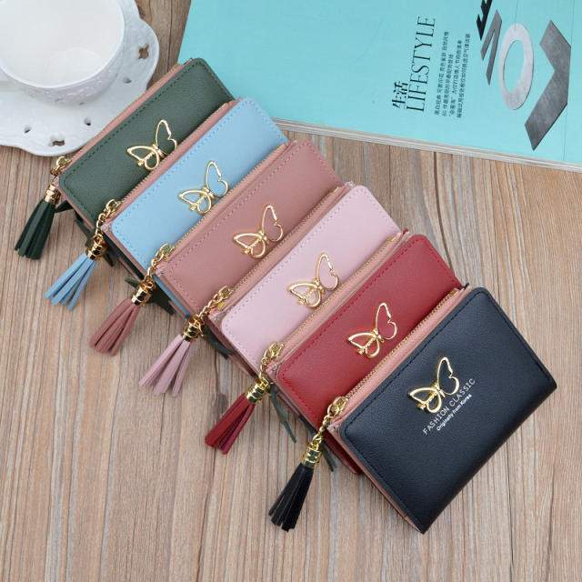 Shortstyle butterfly tassel zipper purse