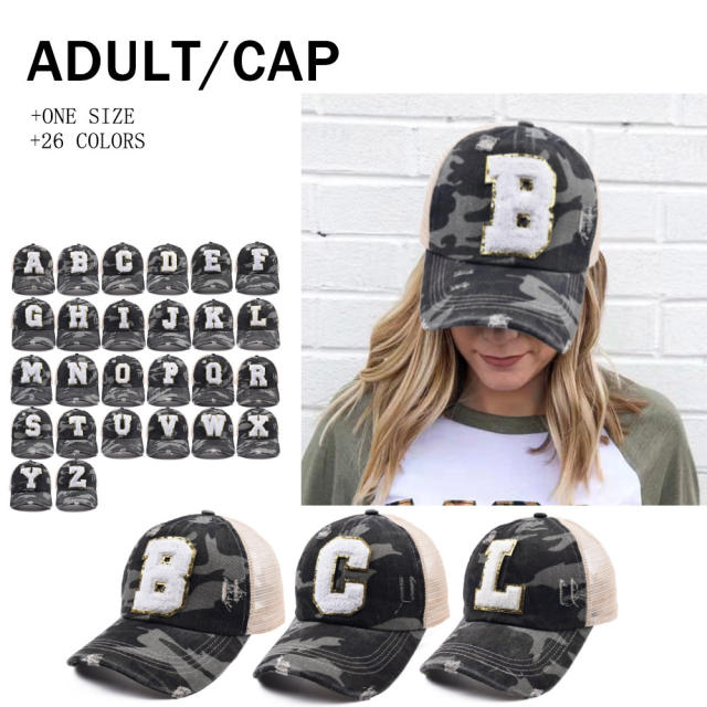 Camo initial letter ponytail baseball cap