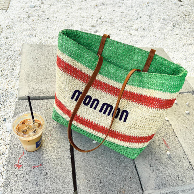 Colorful straw letter beach tote bag