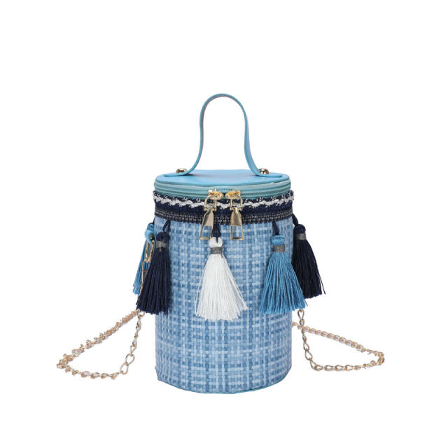 Color tassel barrel crossbody bag