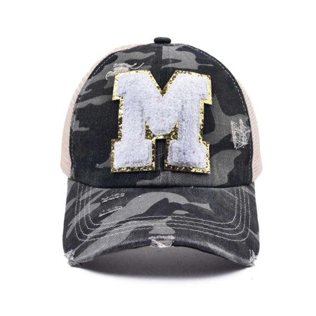 Camo initial letter ponytail baseball cap