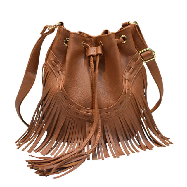 Vintage solid color tassel bucket bag