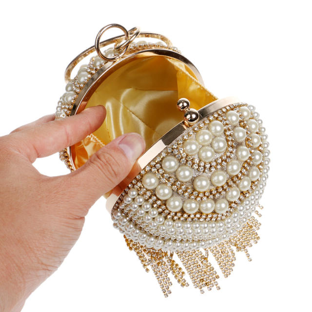 Luxury pearl beads rhinestone tassel ball shape evening bag