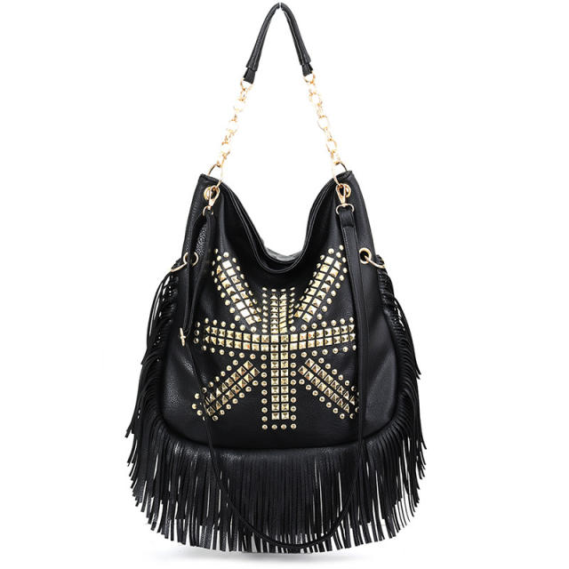 Black tassel rivet tassel tote bag