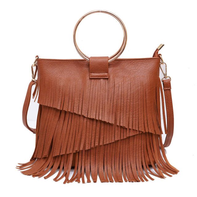 Metal ring handle tassel handbag