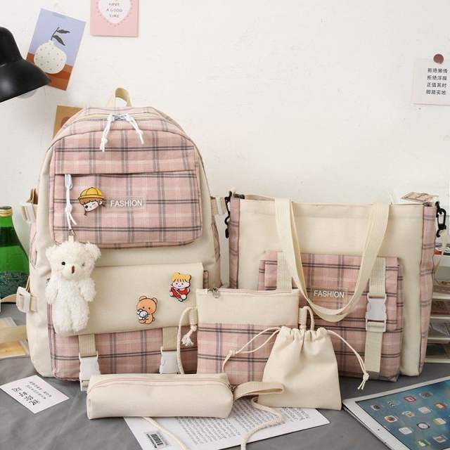 Korean fashion classic plaid pattern 5pcs school bag set backpack