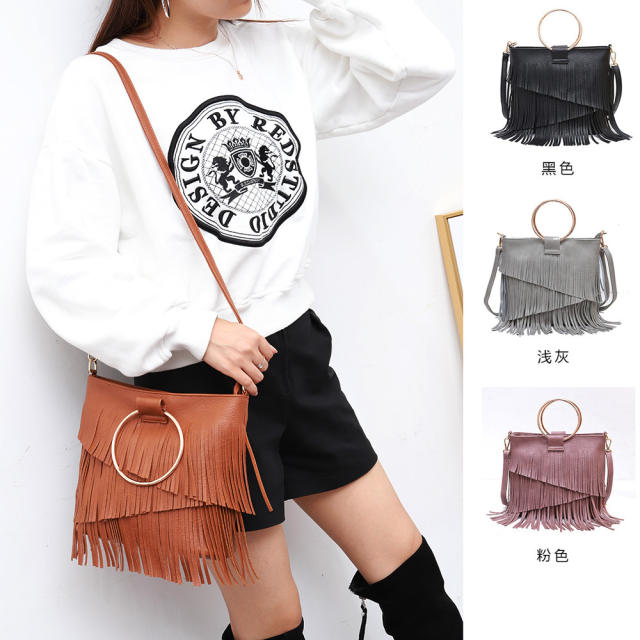 Metal ring handle tassel handbag