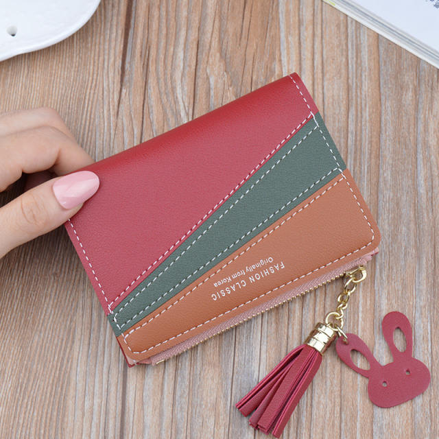 Stitching color short style tassel purse