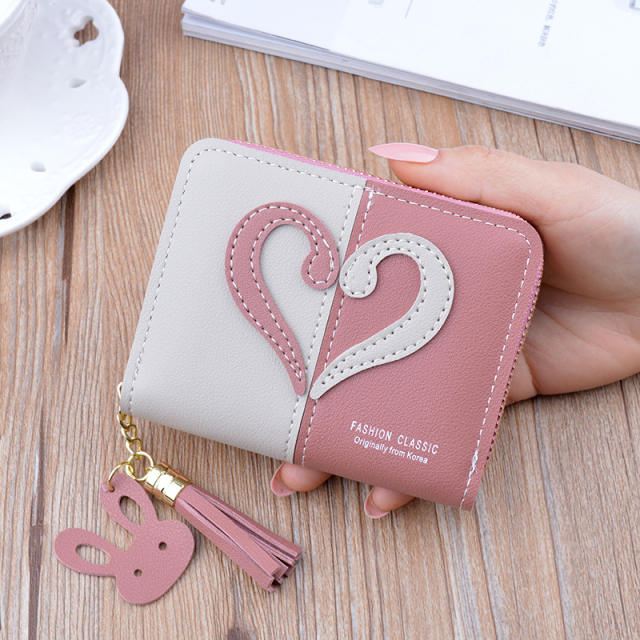 Short style stitching color love heart tassel purse