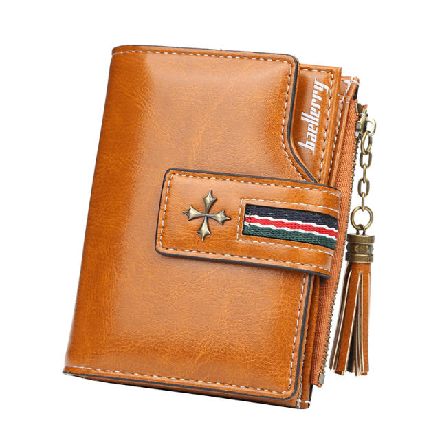 Short style zipper oil wax skin tassel purse