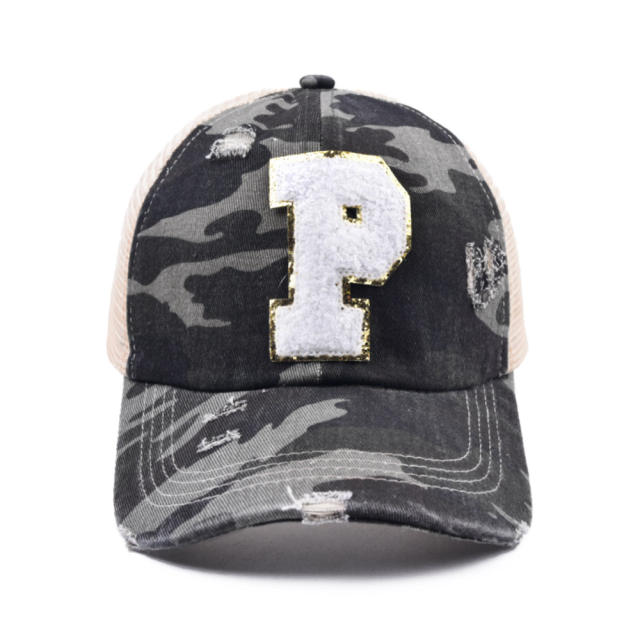 Camo initial letter ponytail baseball cap