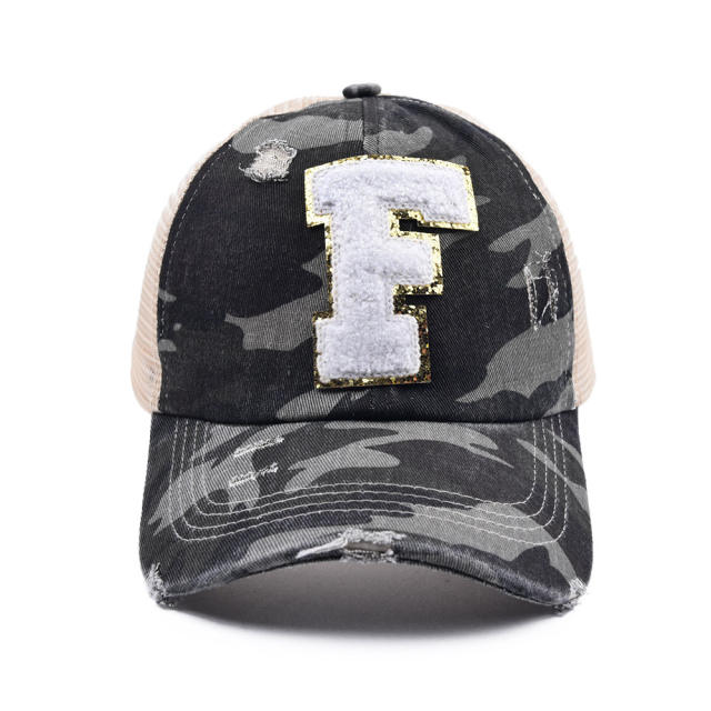 Camo initial letter ponytail baseball cap