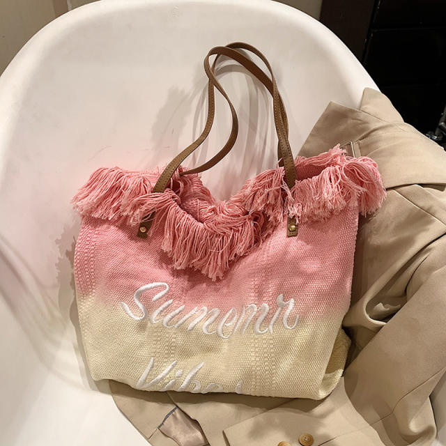 Large capacity Gradient color tassel beach tote bag