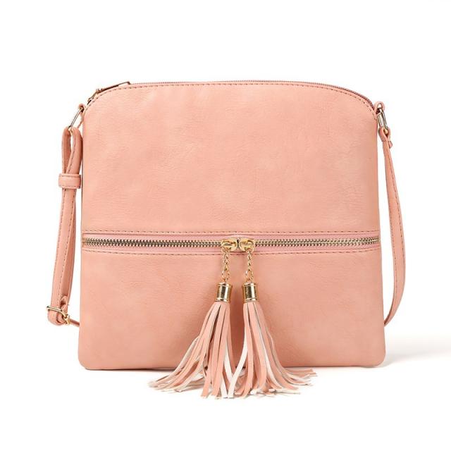 Solid color tassel zipper crossbody bag