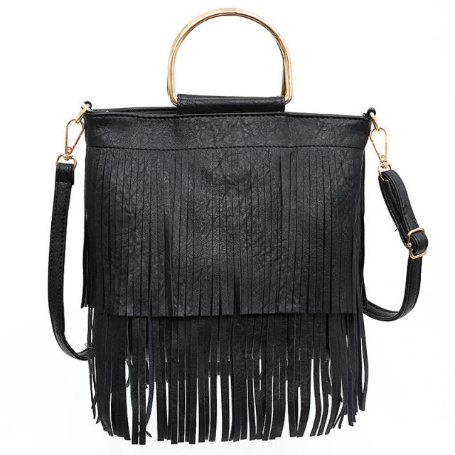 Metal handle solid color tassel handbag