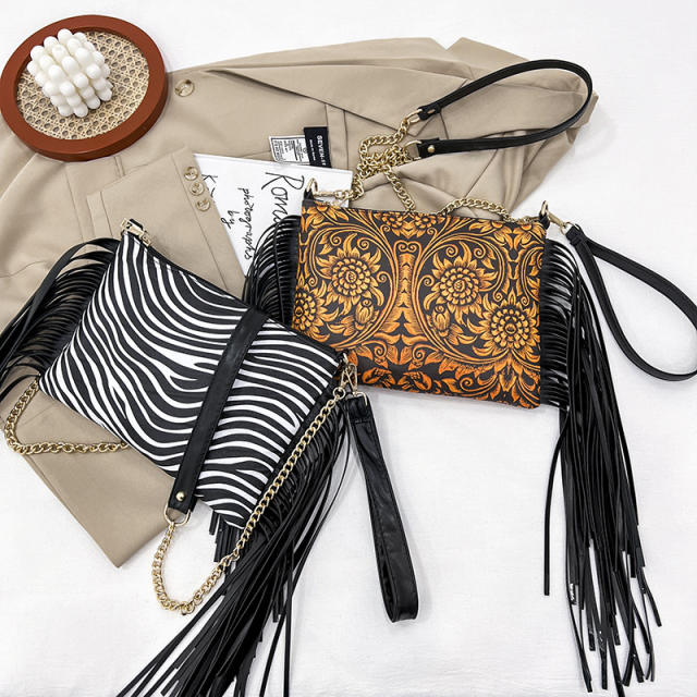 Amazon hot sale long tassel patterned crossbody bag clutch bag