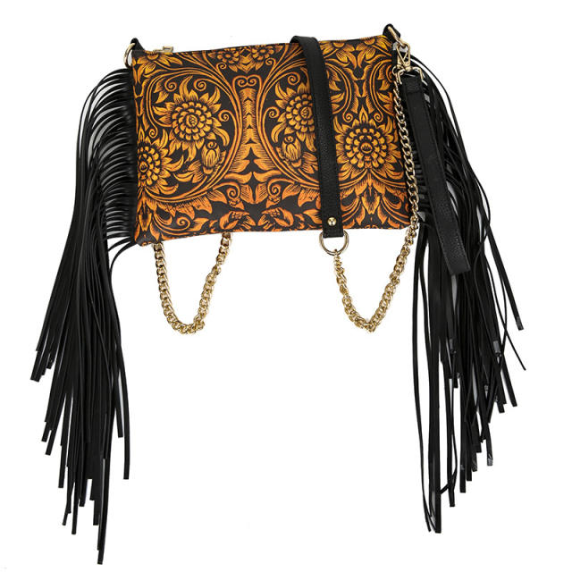 Amazon hot sale long tassel patterned crossbody bag clutch bag