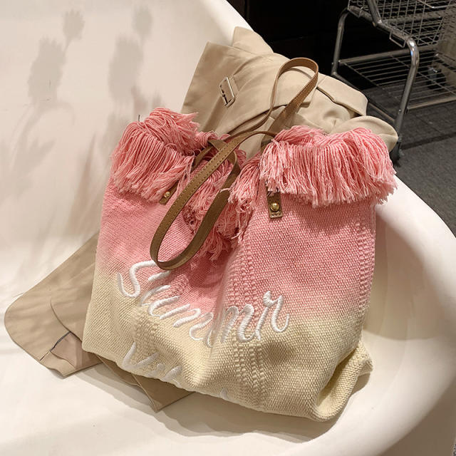 Large capacity Gradient color tassel beach tote bag