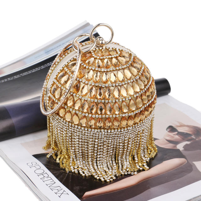 Luxury pave setting glass crystal rhinestone tassel ball shape evening bag