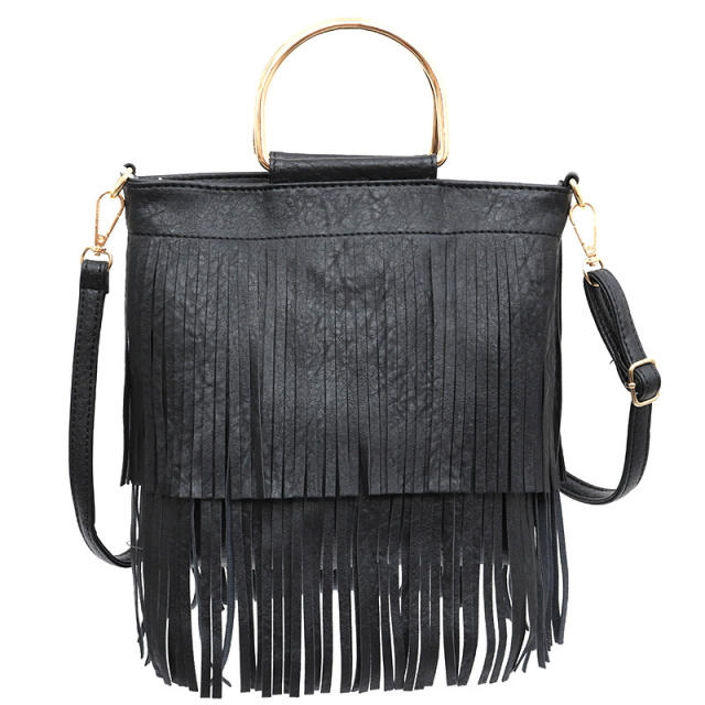 Metal handle solid color tassel handbag