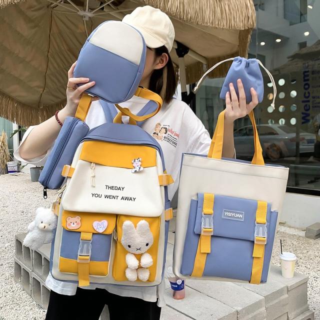 Korean fashion contrast color nylon large capacity backpack set