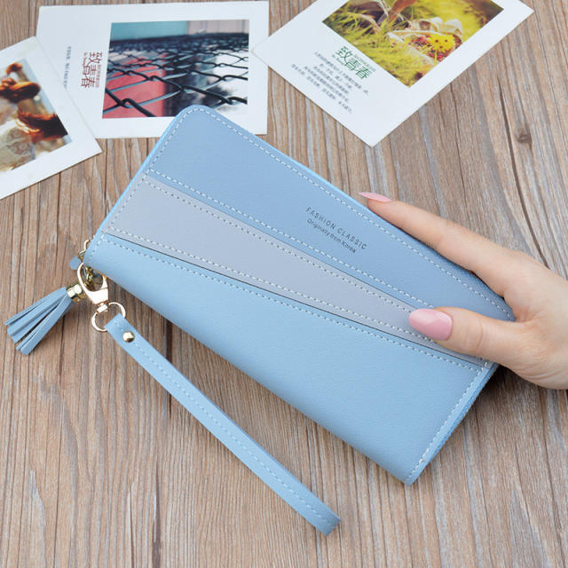 Long style stitching color zipper tassel purse