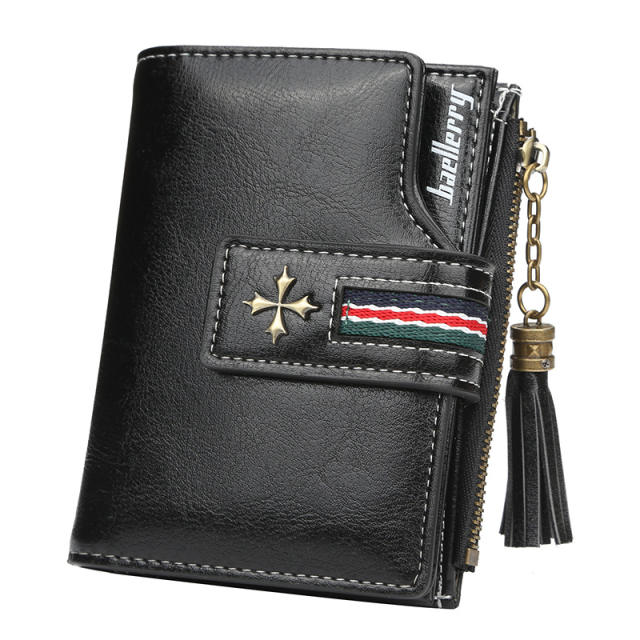 Short style zipper oil wax skin tassel purse