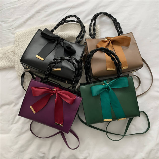 Ribbon bow braided handle handbag