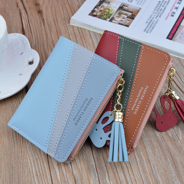 Stitching color short style tassel purse