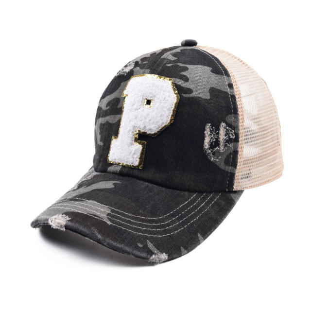 Camo initial letter ponytail baseball cap