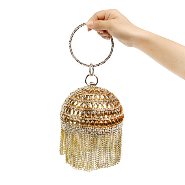 Luxury pave setting glass crystal rhinestone tassel ball shape evening bag