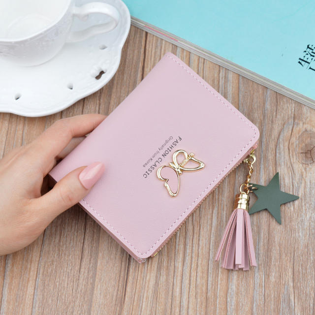 Shortstyle butterfly tassel zipper purse