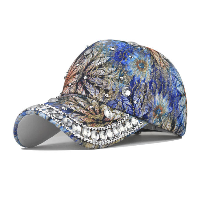 New color printed cotton baseball cap with rhinestone