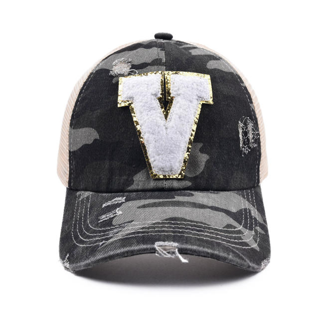 Camo initial letter ponytail baseball cap