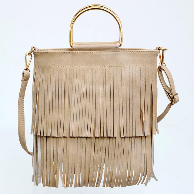 Metal handle solid color tassel handbag