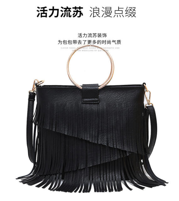 Metal ring handle tassel handbag