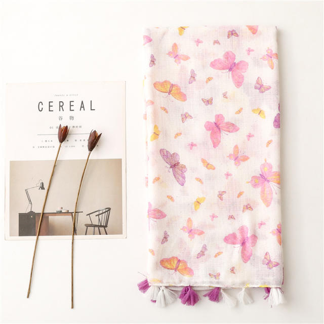 Fashion pink butterfly printed cotton scarf