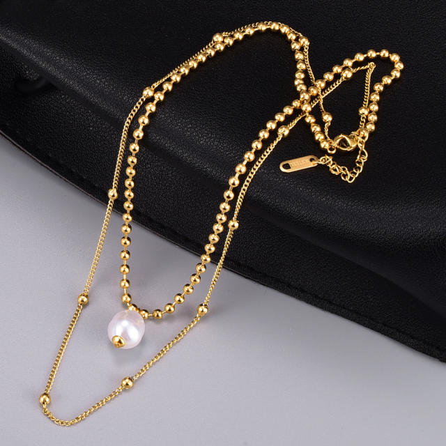 18KG two layer stainless steel beaded chain pearl necklace