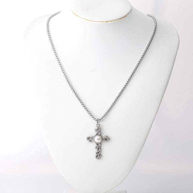 Punk pearl cross pendant stainless steel necklace