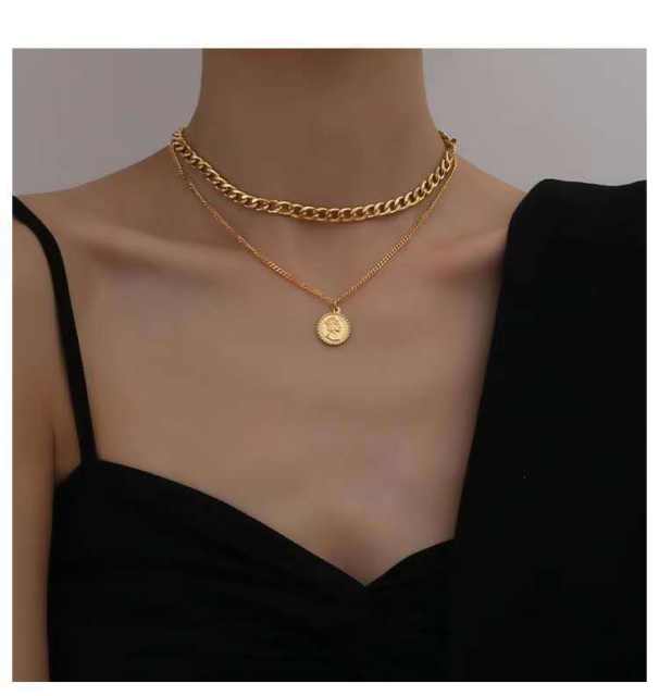 Fashion coin double-layer stainless steel necklace
