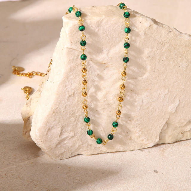 INS malachite beads stainless steel chain necklace