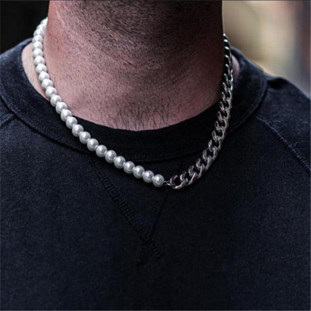 Stainless steel cuban link chain pearl choker necklace