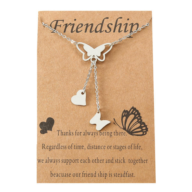 Stainless steel butterfly tassel friends card necklace